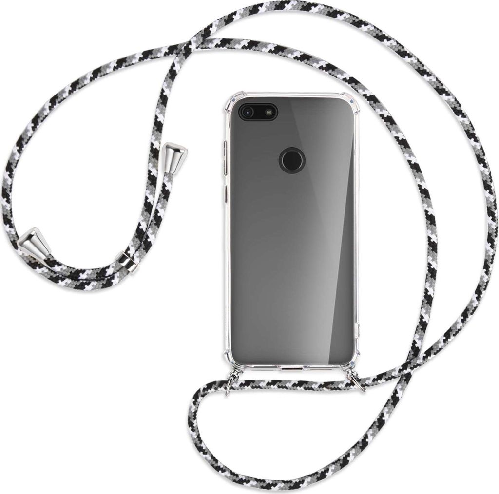 Handykette Backcover-Schutzhülle mit Band (Metall silberfarben) für Motorola Moto E6 Play - schwarz/grau/weiß