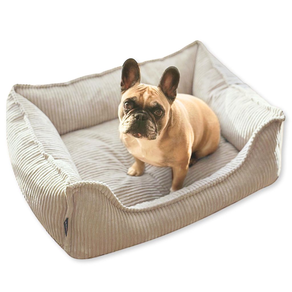 4L Textil HUGO Orthopädisches Hundebett aus Cord Premium-LINE Hundekorb mit Bezug (80x60 cm, Beige)