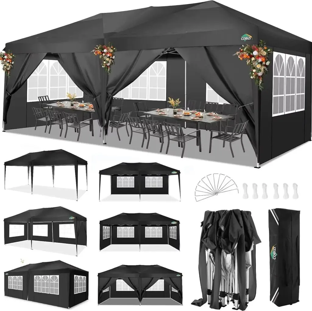 Tonnelle de jardin 3x6m noire pliable et étanche avec hauteur réglable