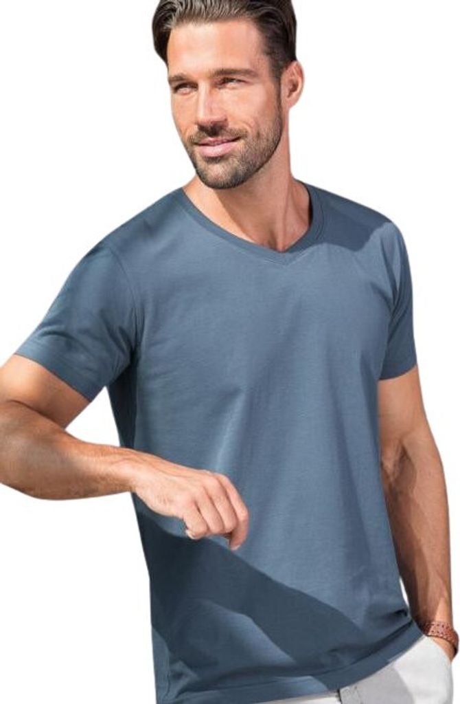 Herren T-Shirt mit V-Ausschnitt aus Baumwolle, 100% Baumwolle, unbedruckt, einfarbig, 180g/m2, Farbe denim, Größe XL