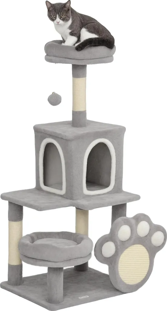 Arbre à chat design 110 cm en gris clair avec aires de jeux et repos