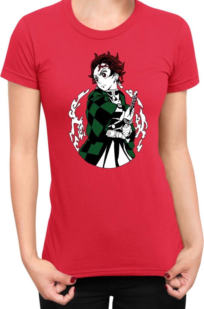 Damen T-Shirt Demon Anime Slayer Kimetsu No Yaiba Tanjiro Kamado 013, Lady L / Rot