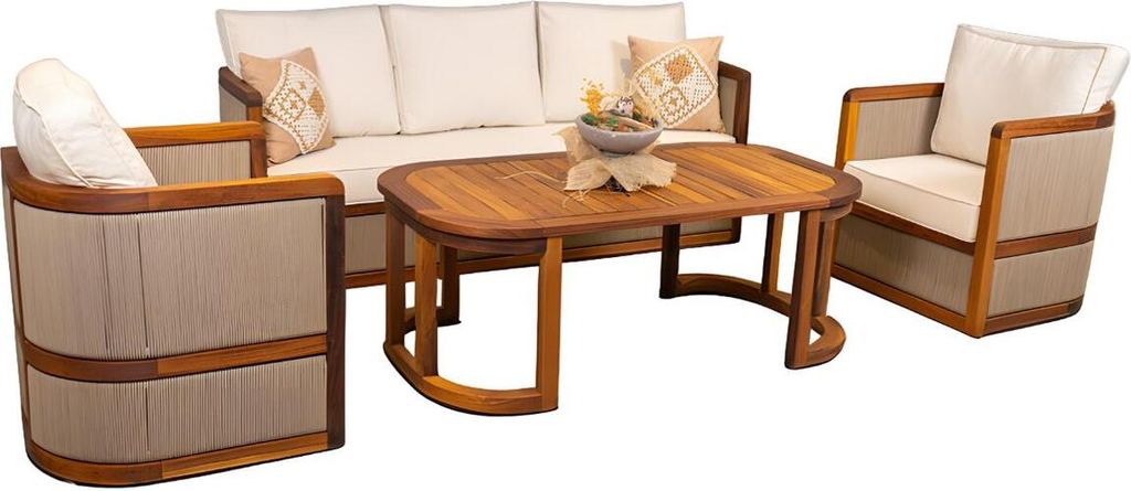 Terrassen Möbel Gartenmöbel Couchtisch Sofa Sessel Holz 4tlg Set Beige