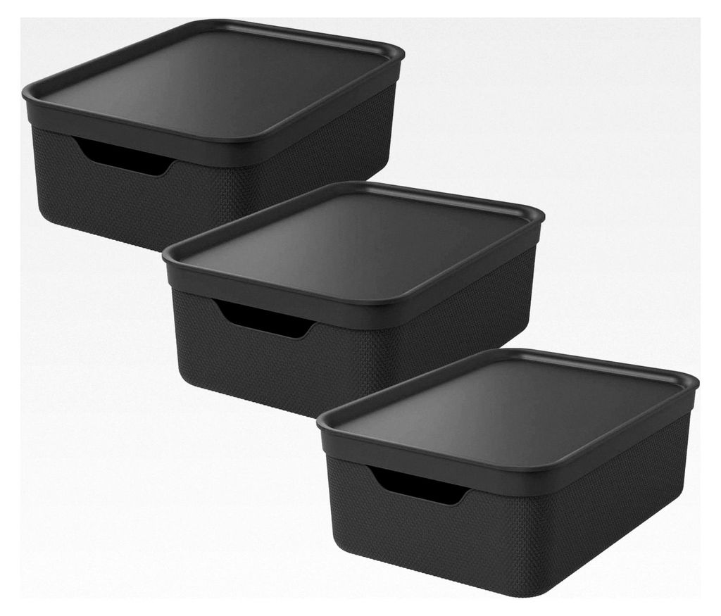 JIVE 3er Set Aufbewahrungsboxen mit Deckel 10 l, Kunststoff (PP recycelt), Flechtmuster, dunkelgrau, 3x10l (36,5 x 26,5 x 13 cm)