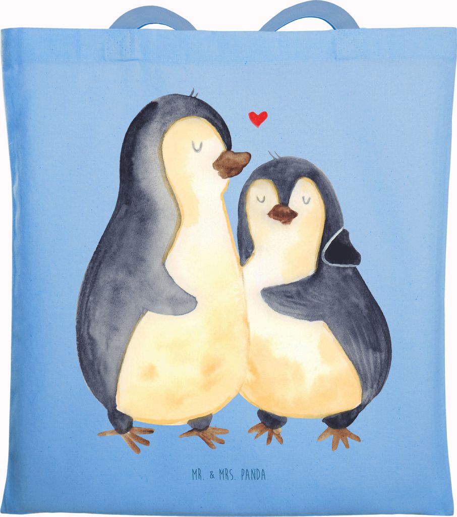 Mr. & Mrs. Panda Beutel Pinguine Einschlafen - Sky Blue - Geschenk, Freundin, Jutebeutel, Valentinstag, für Partner, Stoffbeutel, Laptoptasche, Ho...