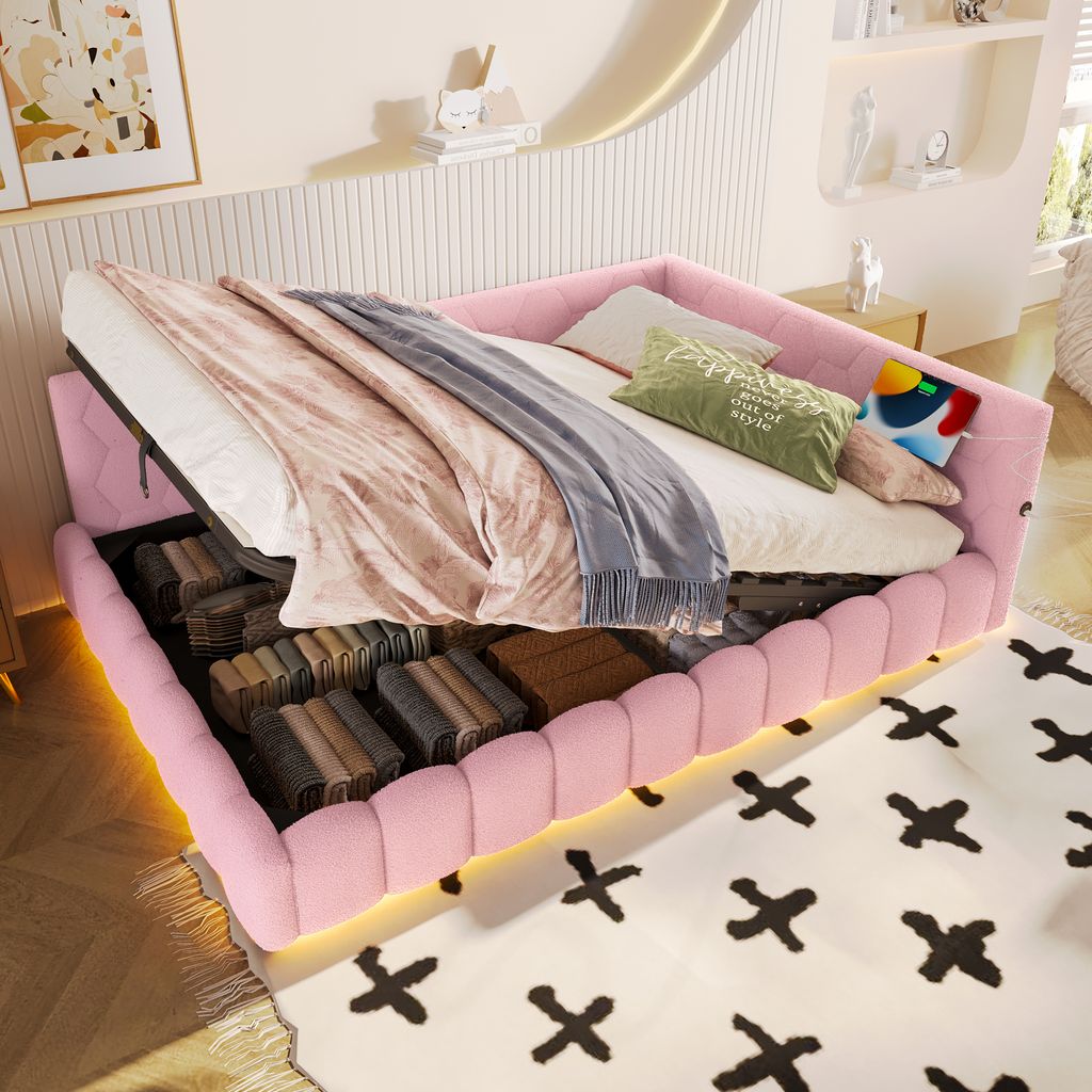 Flieks Hydraulisches Polsterbett Tagesbett 140x200cm, Schlafsofa mit USB & Typ-C, Daybed Jugendbett mit LED, Stauraumbett Vliesimitat, Rosa
