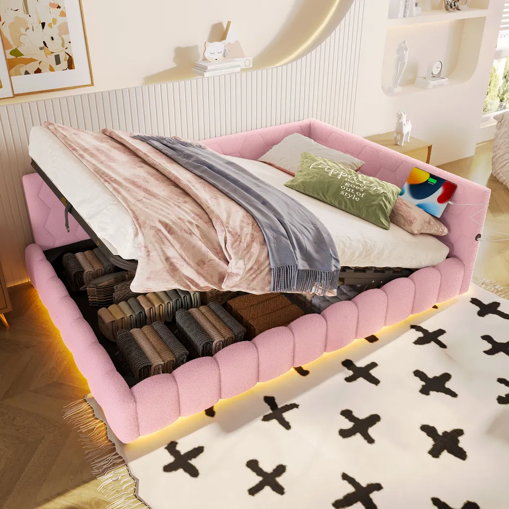 Lit d'adolescent 140x200 Rose avec coffre de rangement et LED Flieks