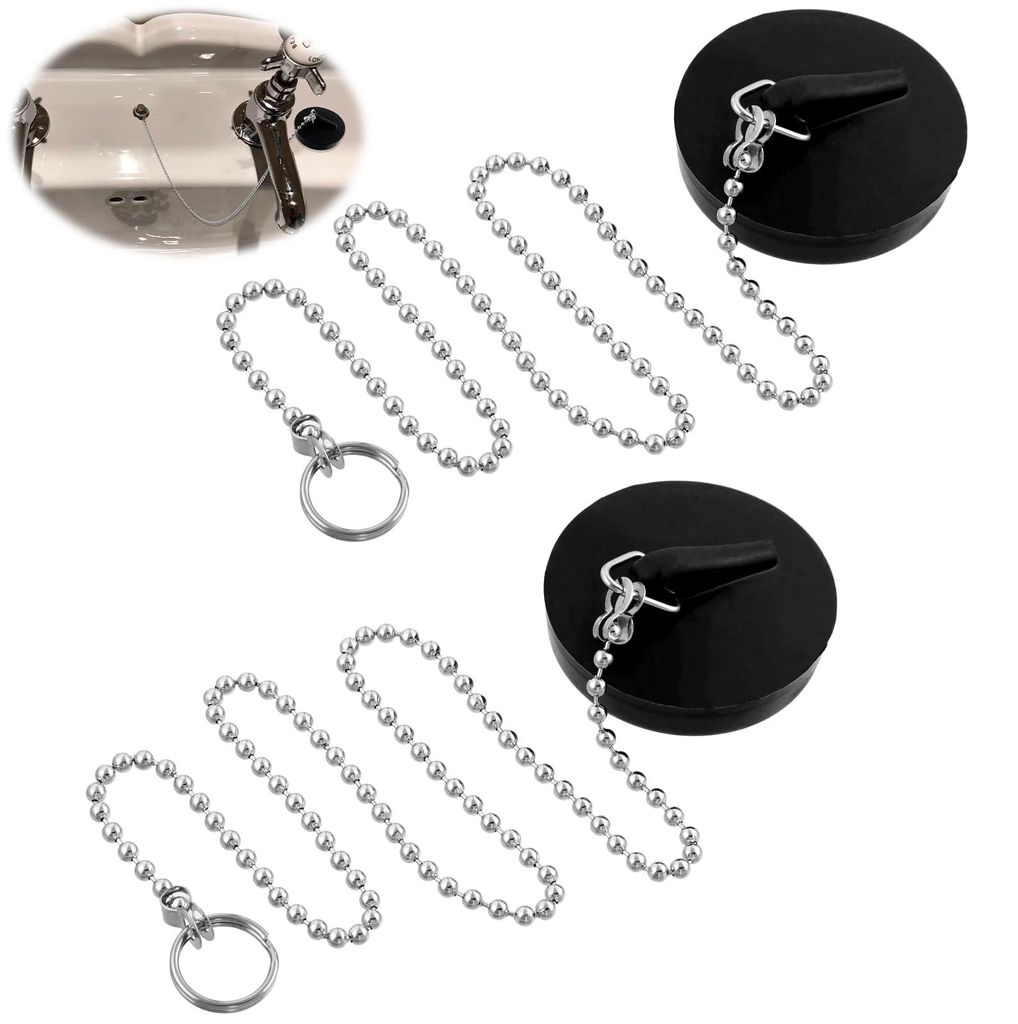 2 Abflussstopfen, Gummi-Abflussstopfen mit 40 cm Kette, Ø 40-45 mm, schwarze Abflussstopfen für Küchenabflüsse, Badewannen und Badezimmer