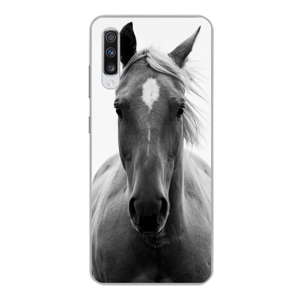 MuchoWow Handyhülle Schutzhülle Hülle für Samsung Galaxy A70 Pferd - Tier - Schwarz - Weiß Silikon Softcase Handy Hülle - Schutzhaube