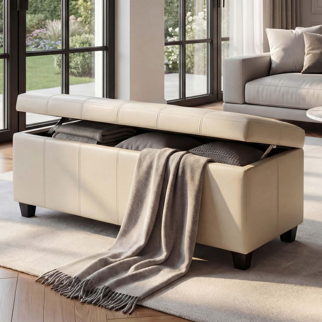 Aufbewahrungs-Truhe Sitzbank Arezzo, Leder + Kunstleder, 112x45x45cm MVG- creme