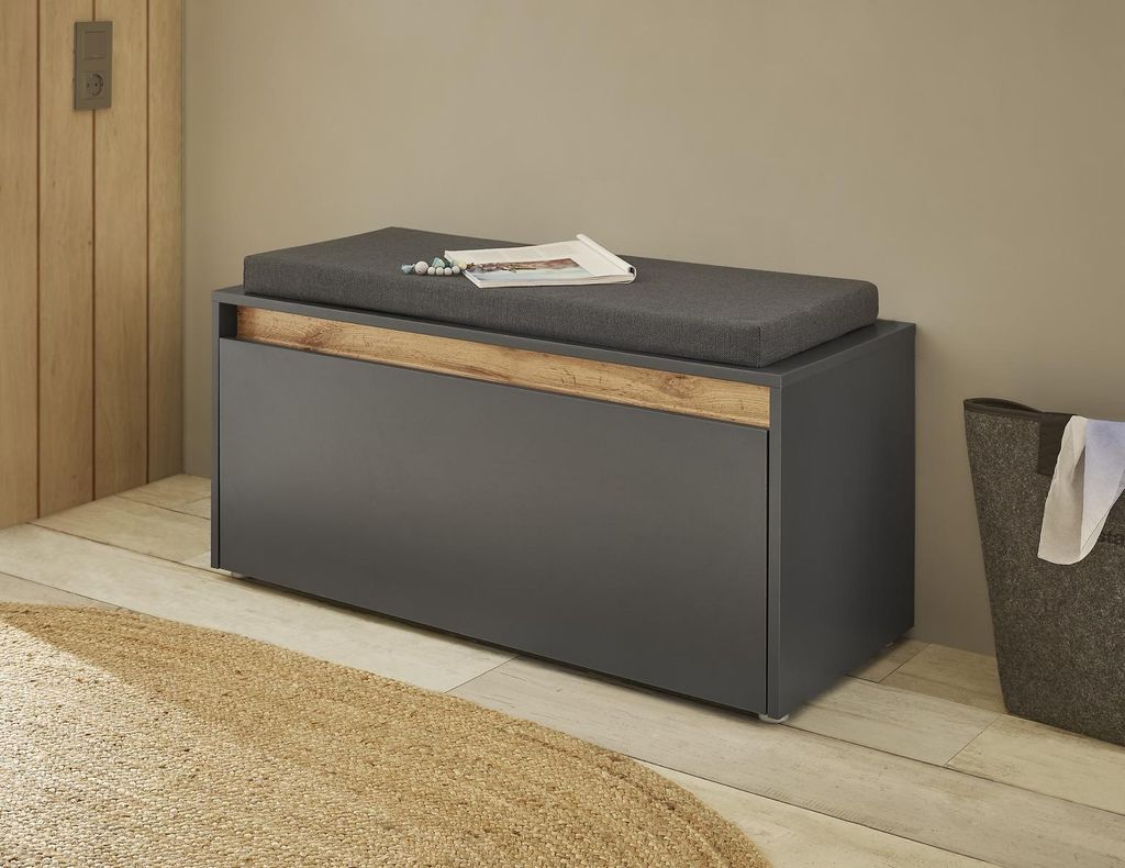 Garderobenbank mit Sitzkissen 100 cm anthrazit + Eiche grifflos Boston