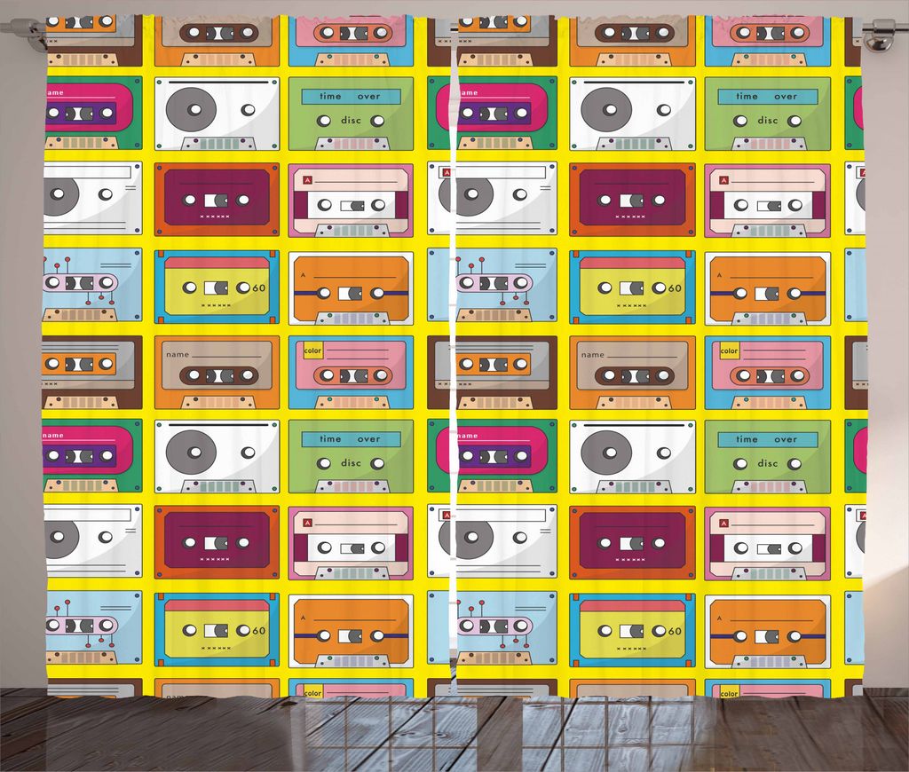 ABAKUHAUS Musik Rustikaler Gardine, Audio Kassettenklebeband, Schlafzimmer Kräuselband Vorhang mit Schlaufen und Haken, 280 x 245 cm, Mehrfarbig
