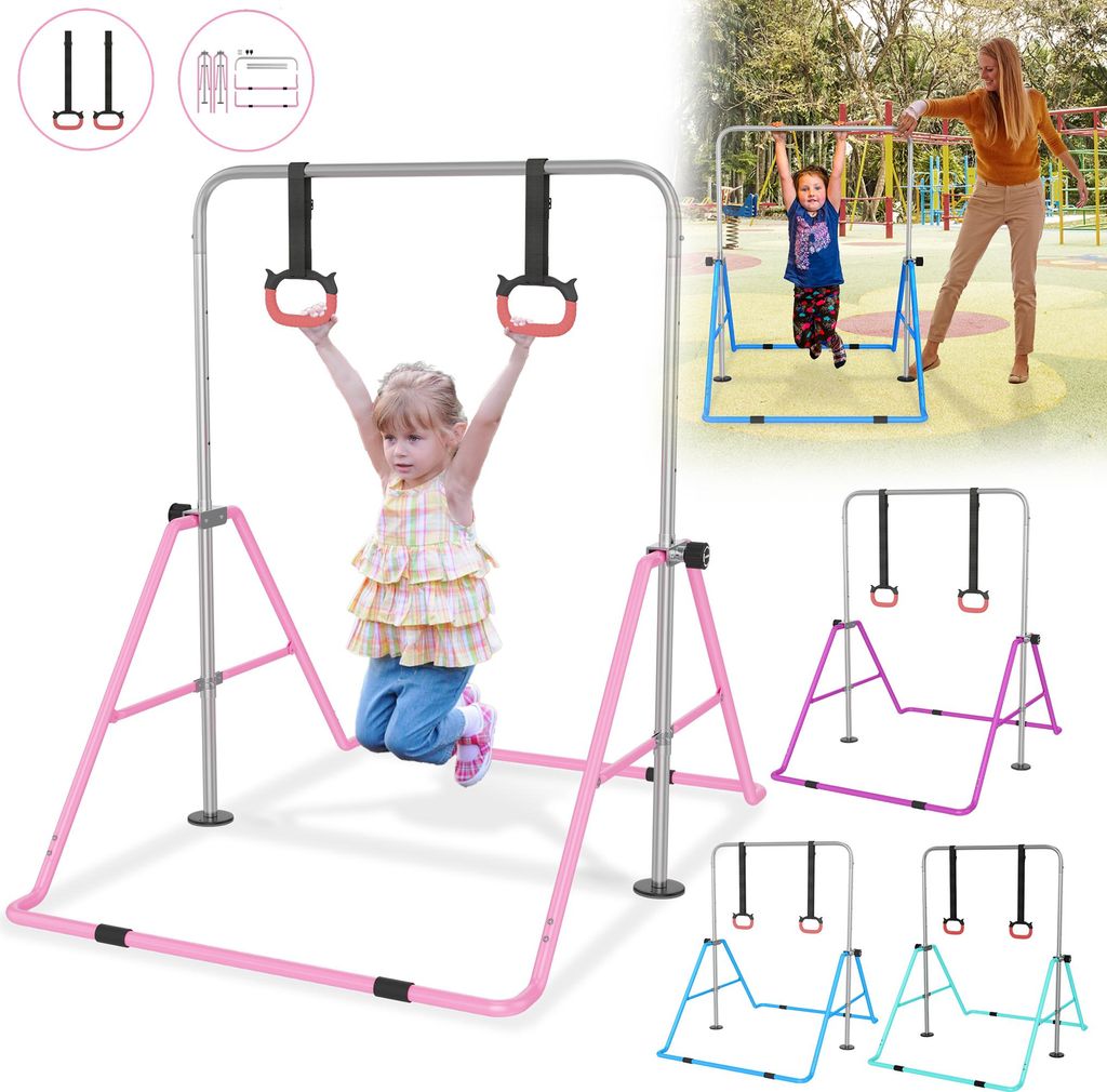 LARS360 Kinder Turnreck mit verstellbarer Höhe 120–180cm, faltbare Reckanlage Indoor inkl. Gymnastikringe, Klimmzugstange, Trainingsgeräte, Blau