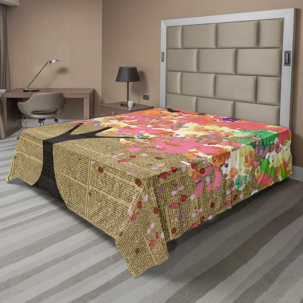 Drap plat décoratif multicolore motif oiseaux et feuilles pour grand lit