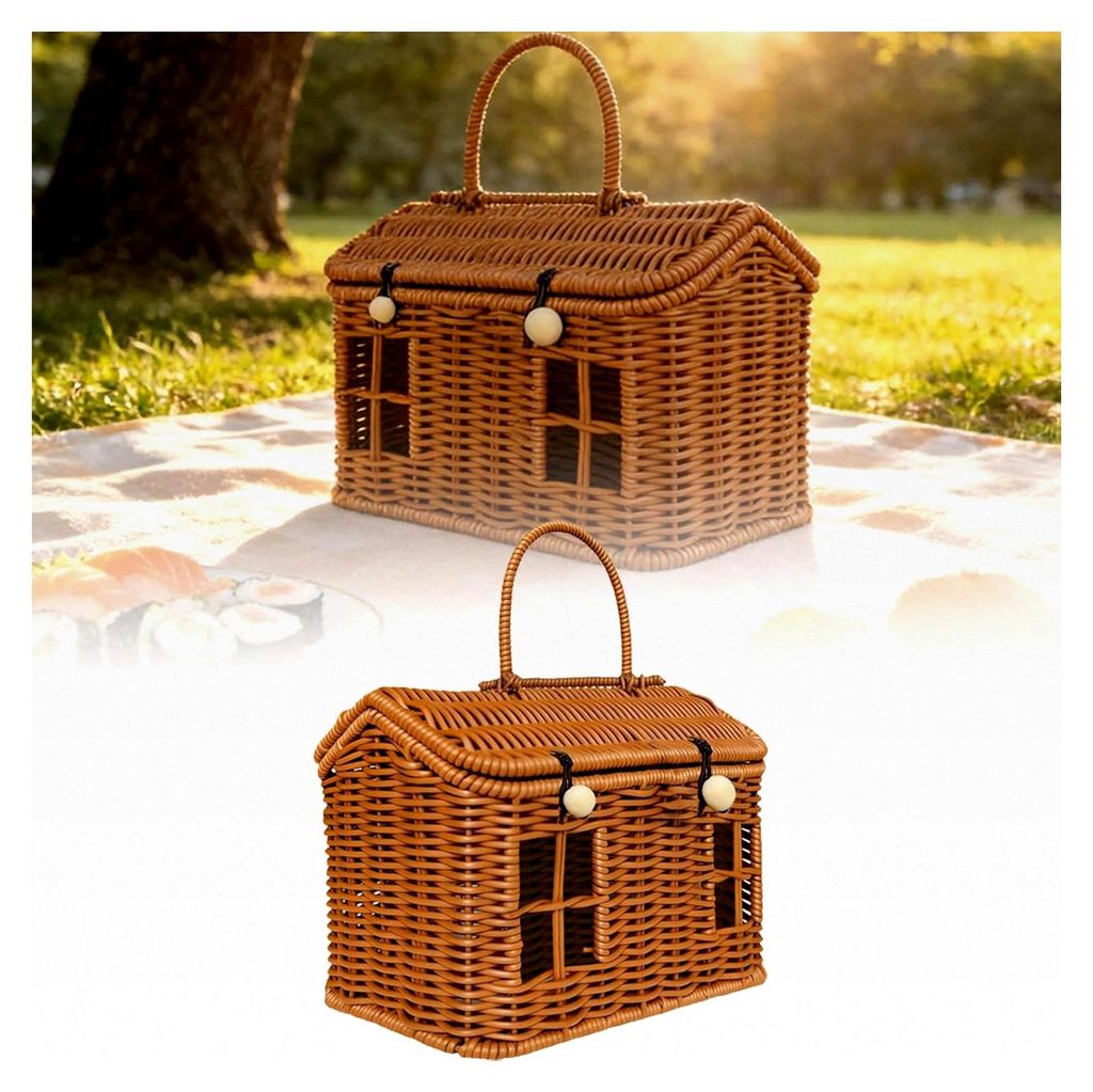 Hausförmiger tragbarer Rattan-Picknickkorb, Vintage Rattan-Picknickkorb mit Deckel und Tür, handgewebter Rattan-Aufbewahrungskorb, multifunktiona...