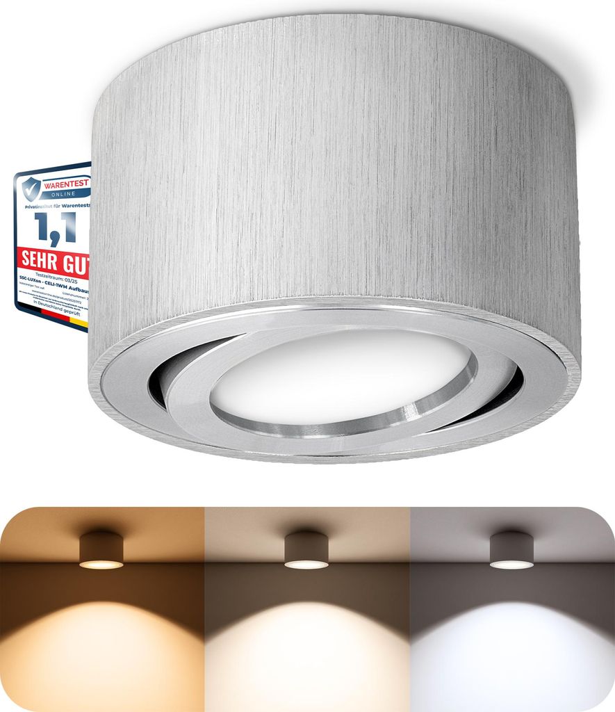 CELI-1A LED Aufputzleuchte dimmbar - 3 Lichtfarben einstellbar - runder Aufbauspot Alu schwenkbar 230V 6 Watt
