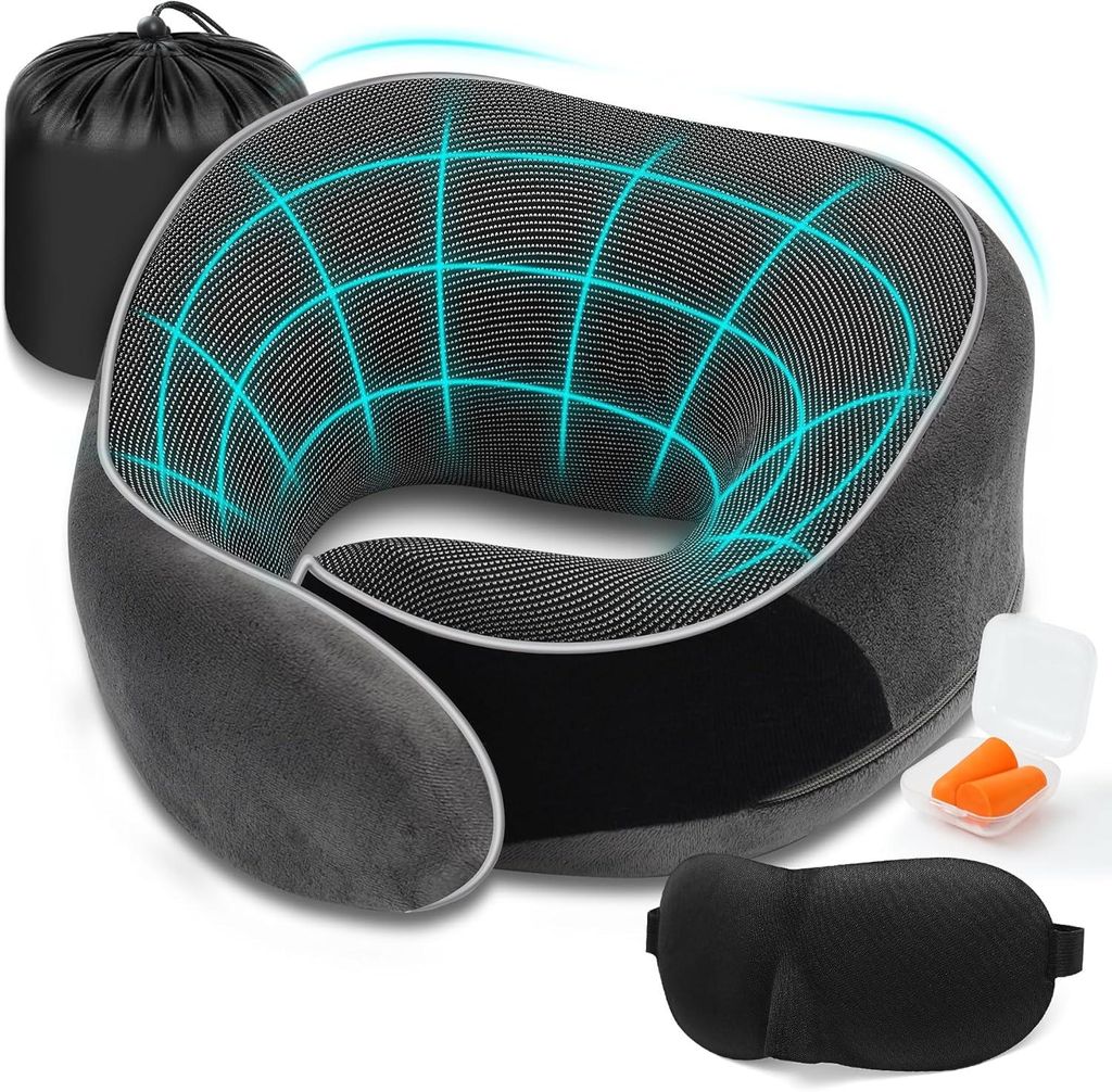 Ergonomisches Reisekissen aus Memory-Schaum mit Seitenstütze + Schlafset, verstellbar/kompakt, grau