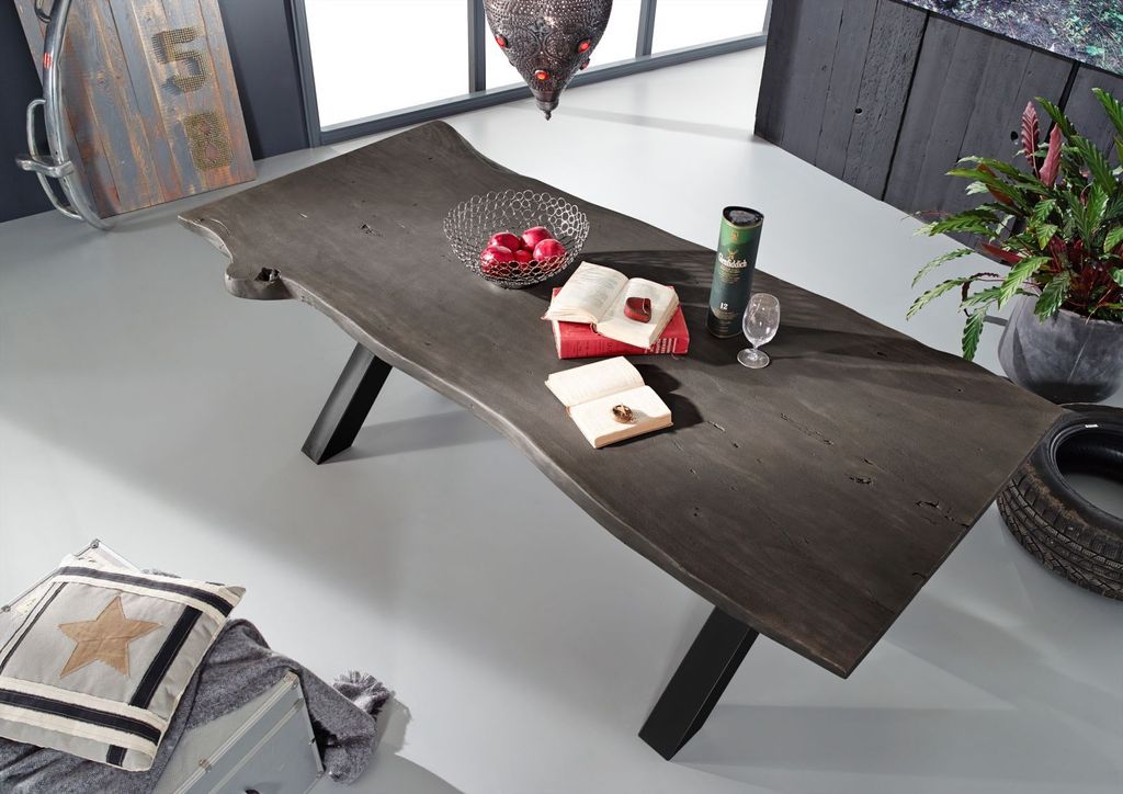 MASSIVMOEBEL24 Esstisch Akazie 260x100x76 grau lackiert IRON LABEL #119