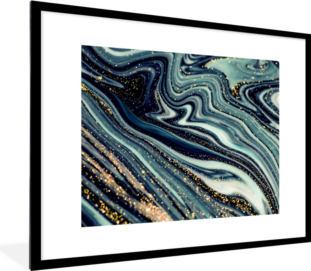 MuchoWow Gerahmtes Poster Marmor - Gold - Blau - Glitter - Marmoroptik - Abstrakt 80x60 cm - Poster mit Schwarzem Bilderrahmen Wandposter Rahmen ...