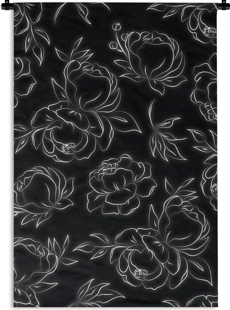 MuchoWow Wandteppich Wandbehang Blumen - Schwarz und weiß - Muster - Linienkunst 90x135 cm Tapisserie Dekoration Wandtuch - Baumwolle - Wandskul...