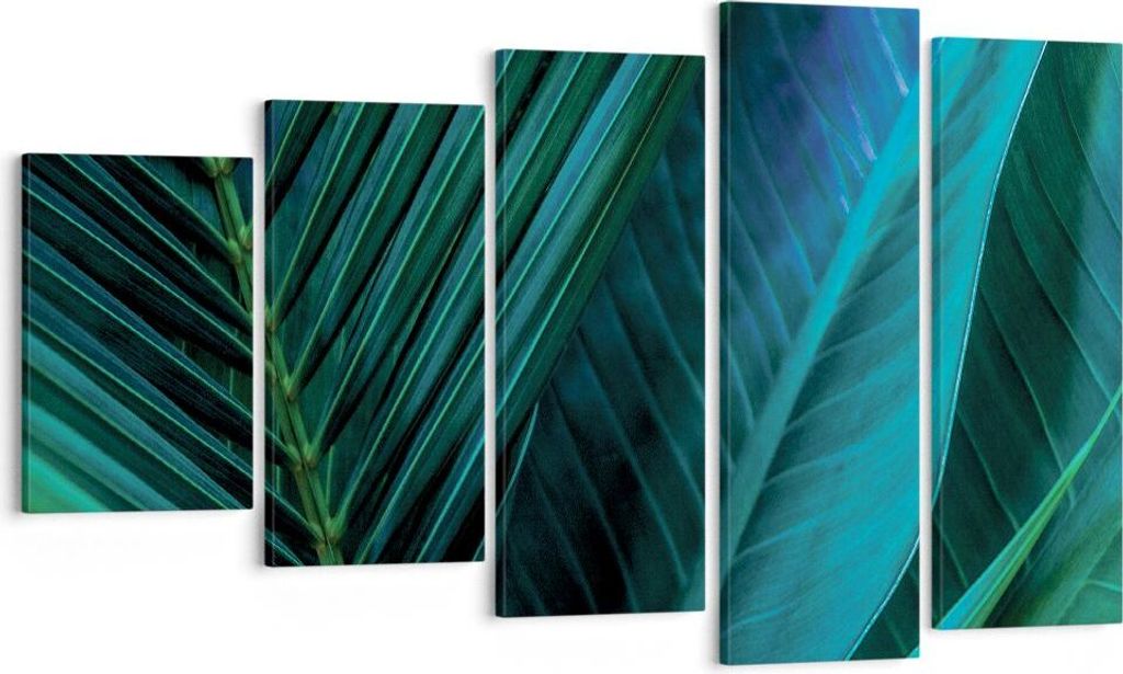 Bild auf Leinwand - Leinwandbild - 5 Teile - Blatt Tropen Grün - 100x60cm - Wand Bild - Wanddeko - Wandbilder - Leinwanddruck - Bilder - Wanddekor...