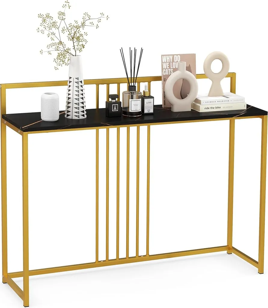 Table d'entrée moderne console effet marbre noir et pieds dorés