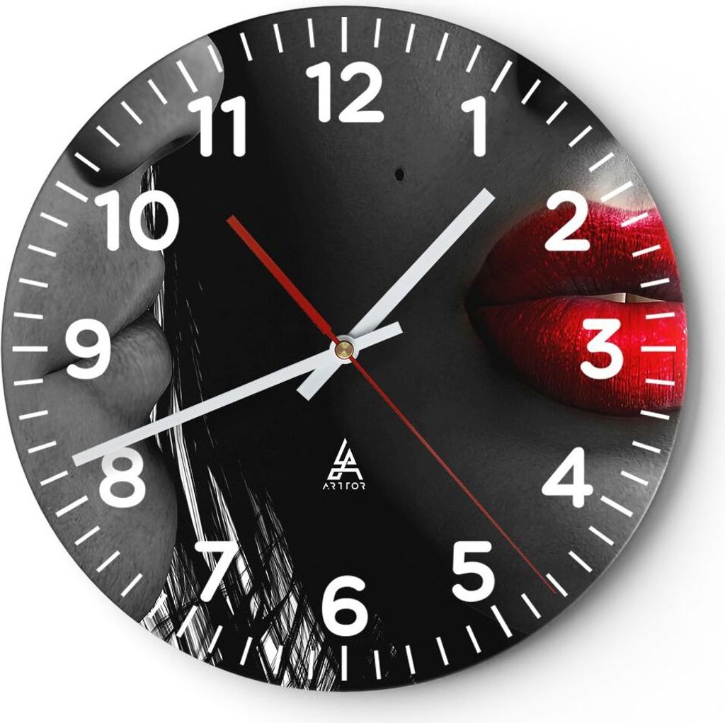 Wanduhr - Rund - Glasuhr - Rote Lippen dunkles Haar Modell Liebe - 30x30cm - Schleichendes Uhrwerk - Lautlos - zum Aufhängen bereit - Dekoration M...
