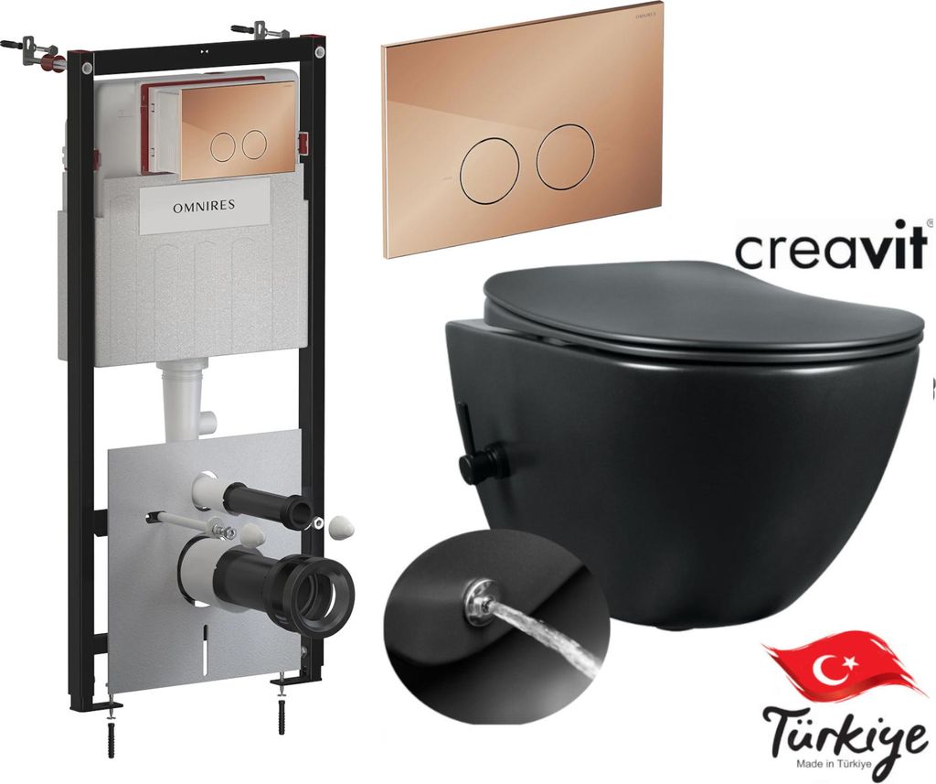 Domotechnika | Set: Rahmen + Knopf Kupfer + Wc-schüssel Mit Bidet - 51x35,5 Cm - Schwarze Armatur - Wandtoilette