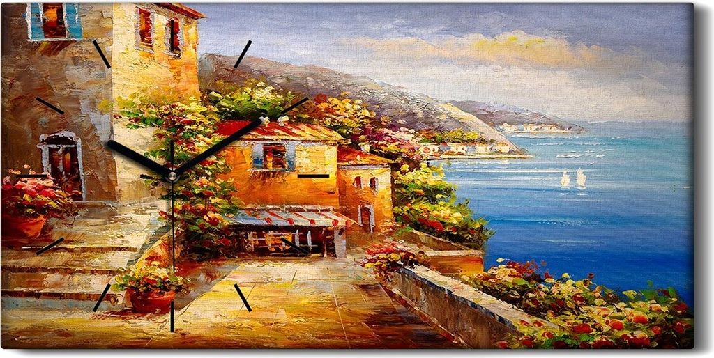 Wandbild Leinwand Bilder mit Uhr 60x30 Malerei Stadt Gebäude Meer Küste Blumen - schwarze Hände