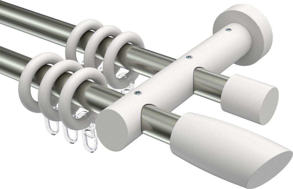 Interdeco Gardinenstange / Vorhangstange Edelstahl / Weiß, Typ Talena Etta (Ellipse Schräge), 20 mm Ø 2-läufig, 220 cm