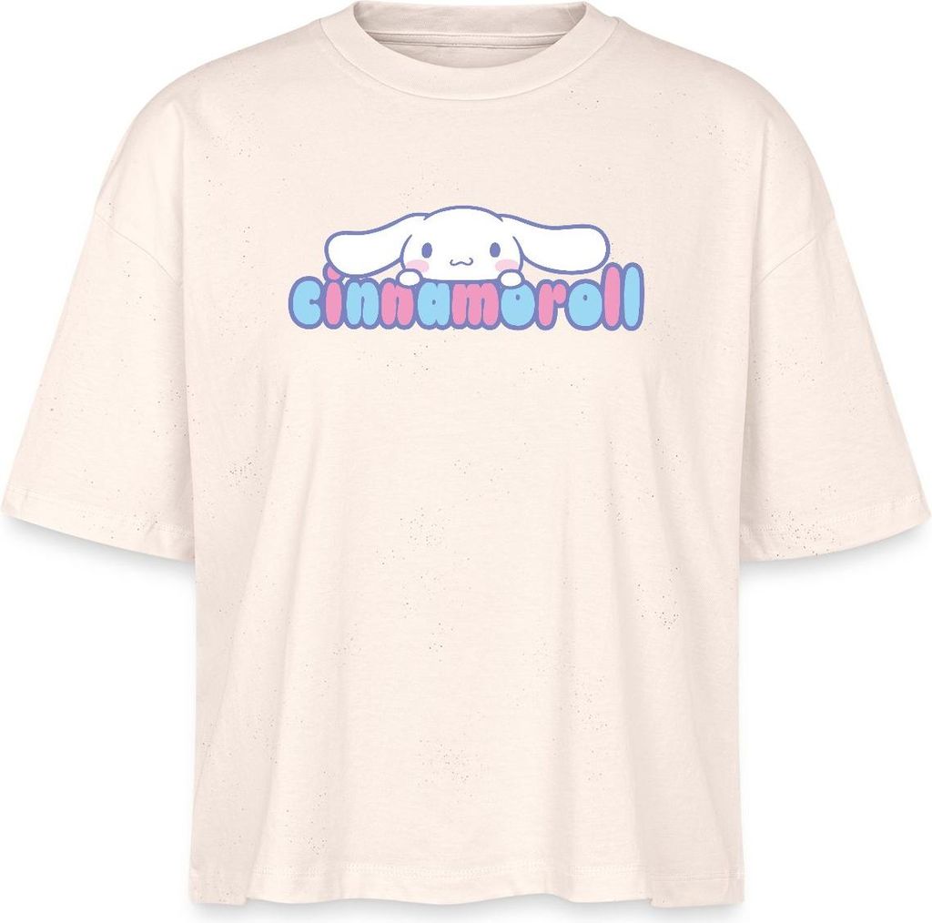 Spreadshirt Cinnamoroll Guckt Über Schriftzug Boxy Shirt Damen, L, Weißgrau