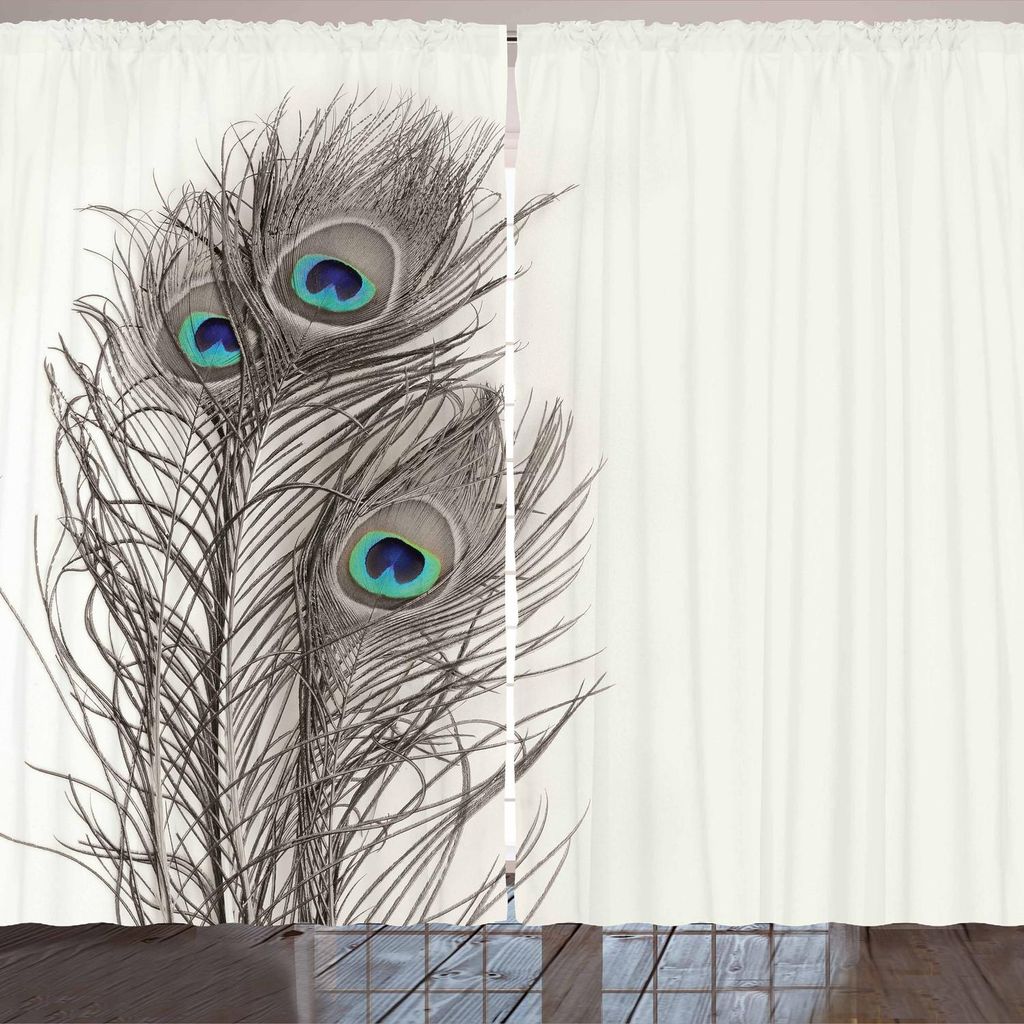 ARANDE Pfau Gardine, Federn des exotischen Vogels auf weißer Hintergrund böhmischer Tier Muster, 280 x 175 cm, Weiß Taupe und Blau