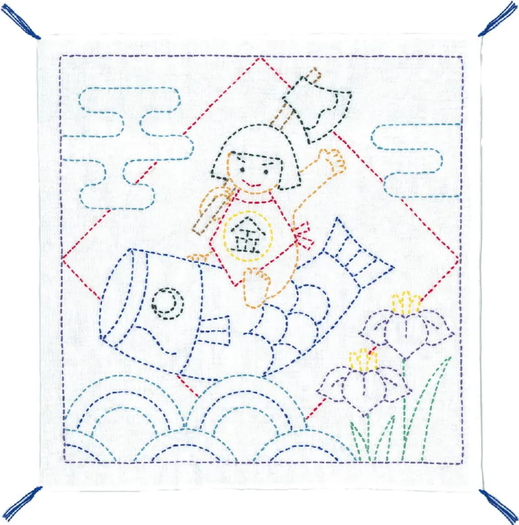 Confezione da ricamo Olympus Sashiko "Hana Fukin Boys Festival", tessuto stampato, 34x34cm, originale dal Giappone