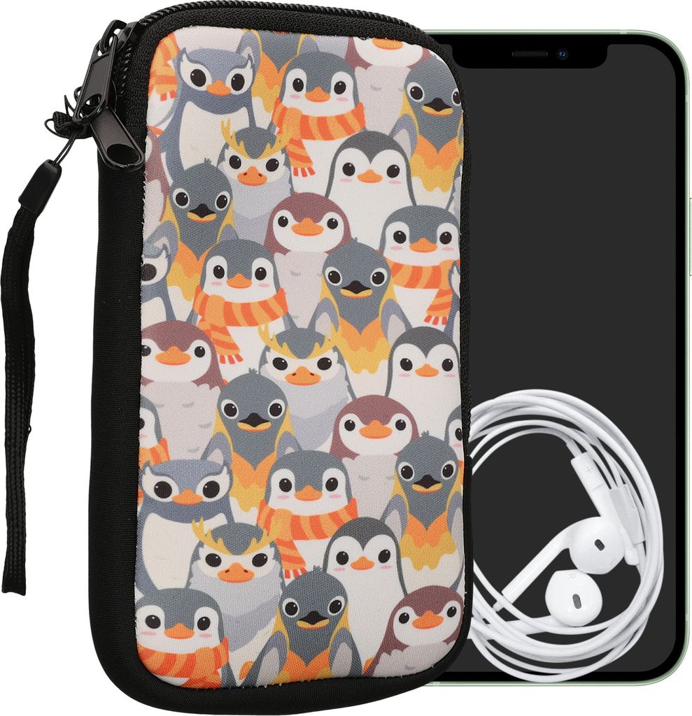 kwmobile Handytasche für Smartphones L - 6,5" - Neopren Handy Tasche Hülle Cover Case Schutzhülle - Pinguine Grau Gelb Braun - 16,5 x 8,9 cm Inn...