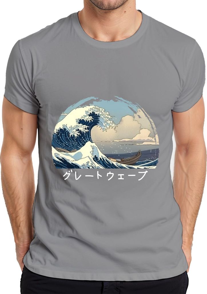 グレートウェーブ Hokusai Welle Japanische Ukiyoe Meer Boot Anime Manga Herren T-Shirt, Grau, XXL