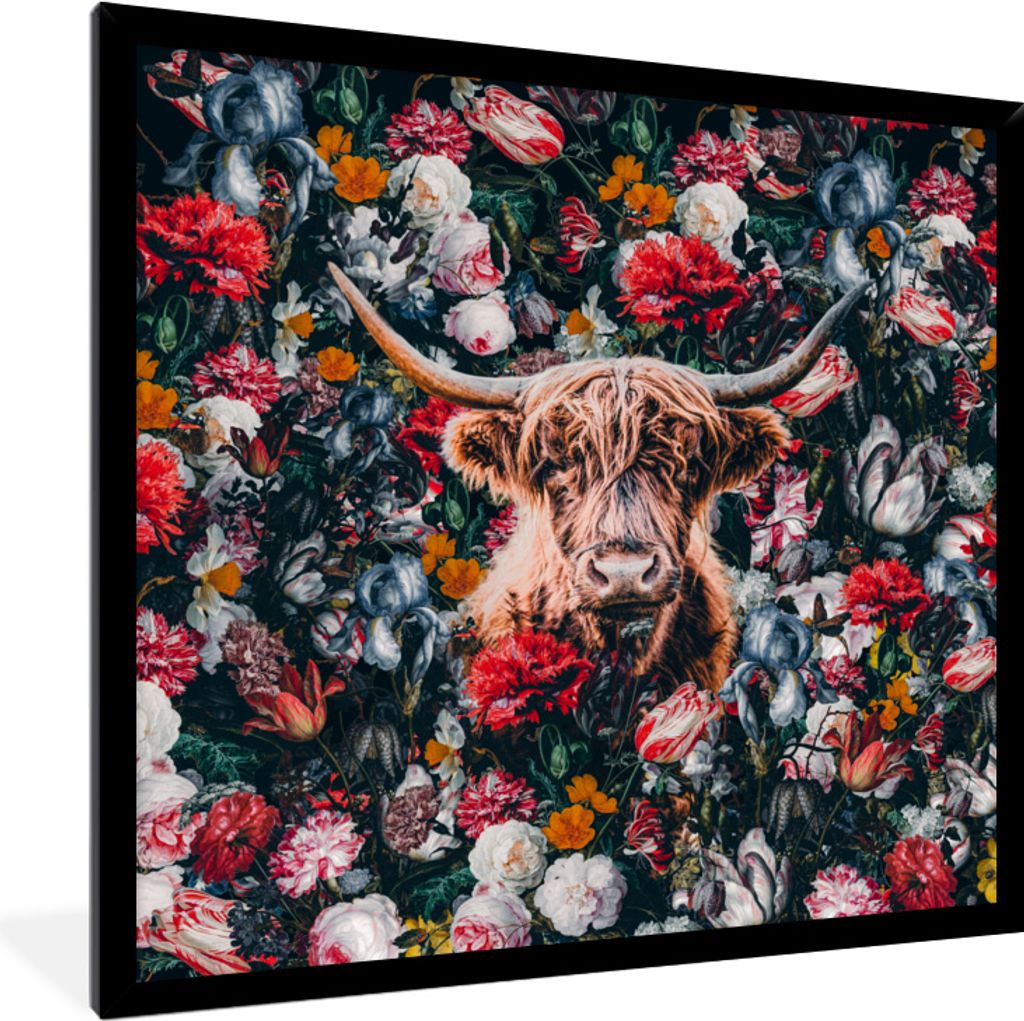 MuchoWow MuchoWow Gerahmtes Poster Schottisches Hochlandrind - Blumen - Tiere - Hoorn 40x40 cm - Poster mit zchwarzem Bilderrahmen - Mit Rahmen...