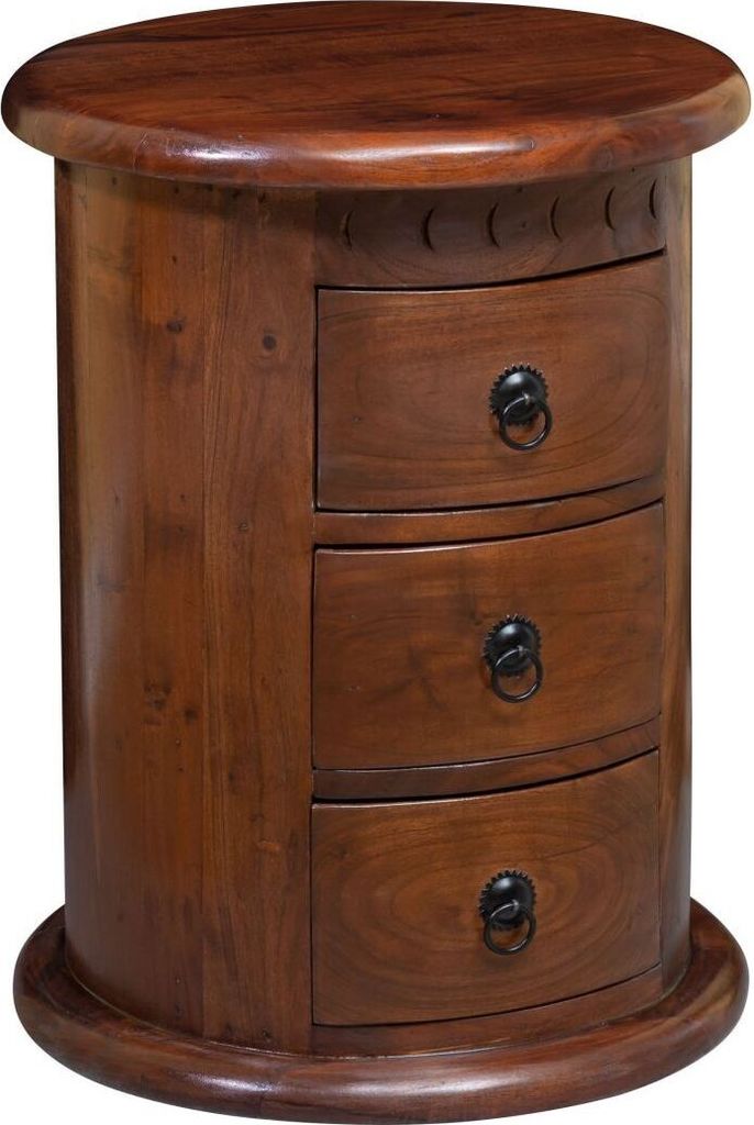 A round wooden nightstand with three drawers.