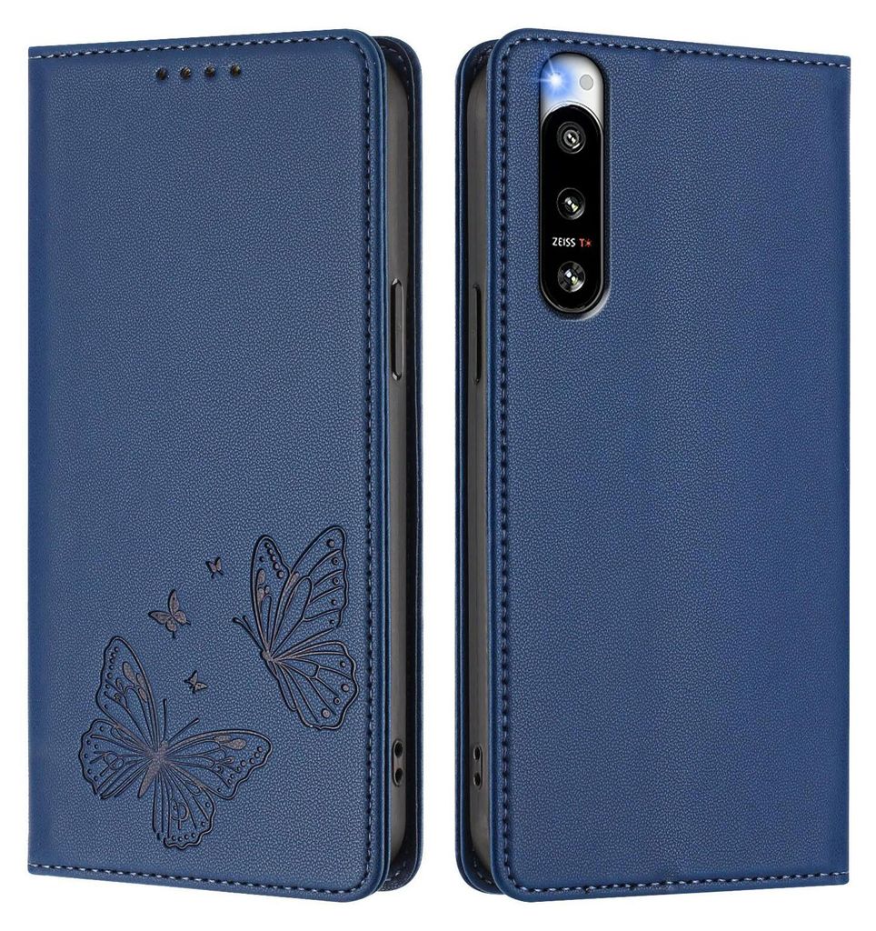 Lederhülle für Sony Xperia 5 IV, Schmetterling Prägung Leder Brieftasche Schutzhülle mit Ständer Dunkelblau