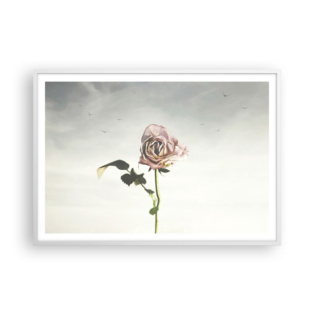 Gerahmtes Poster - Weißer Rahmen - Rose Vögel Himmel - 100x70 cm - Wand Bild - Wanddeko - Wandbilder - Kunstposter - Wandposter - Bilderrahmen - ...