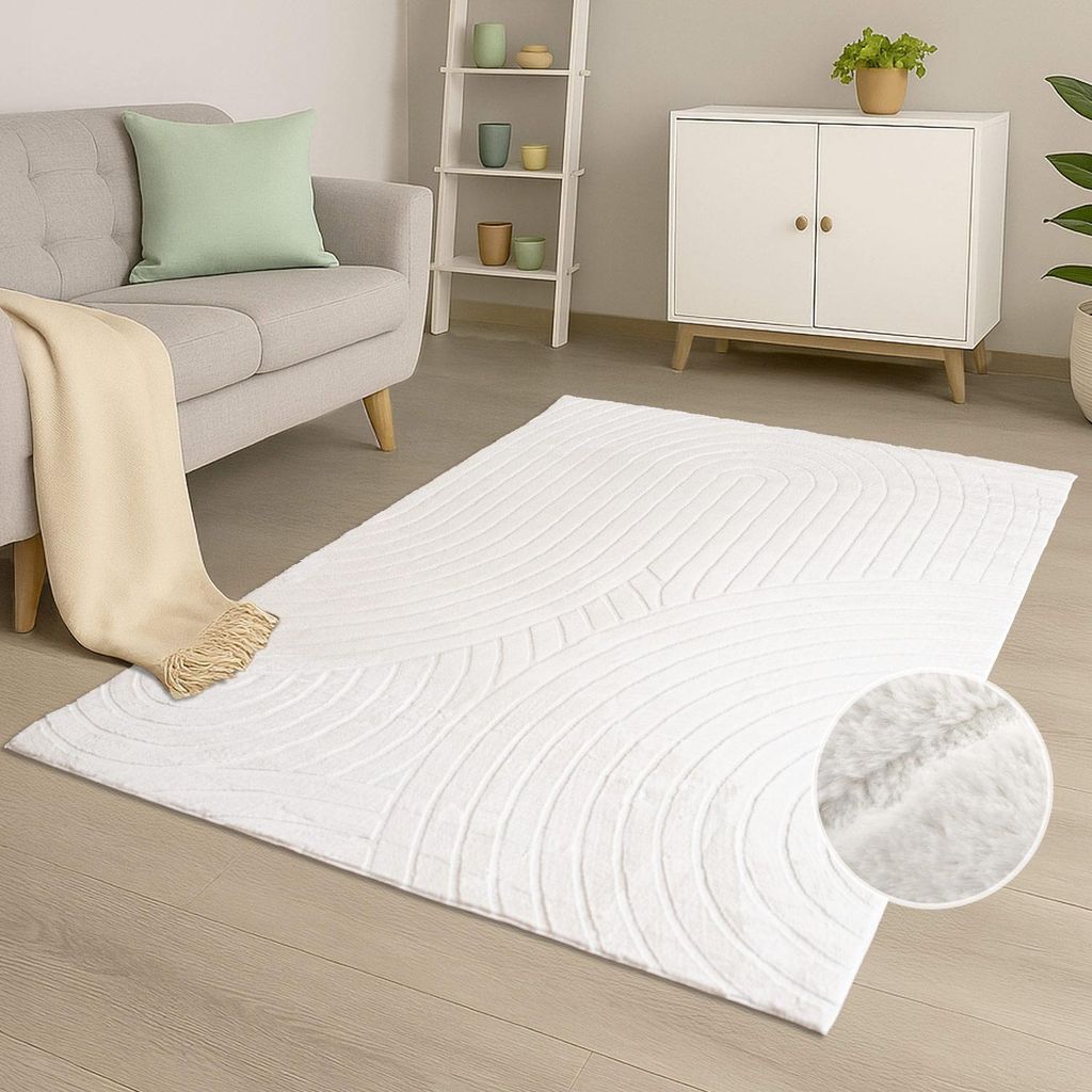 Teppich Kurzflor Wohnzimmer - 160x230 cm in Creme - Geometrisches Wellen-Muster in 3D-Optik