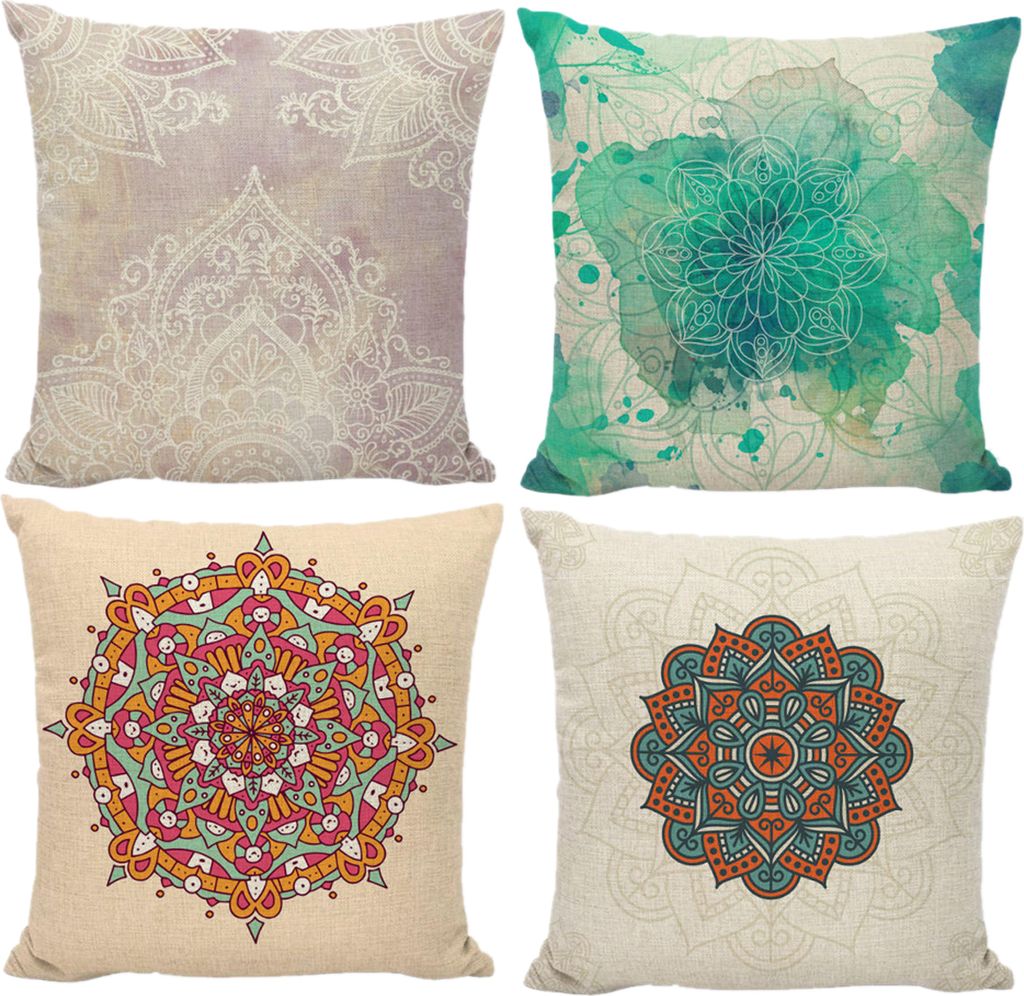 CANDeal 4er Set Dekorativ Kissenbezug Mandala Muster 45 x 45cm Sofa Büro Dekor Kissenhülle aus Leinen (Set 2)