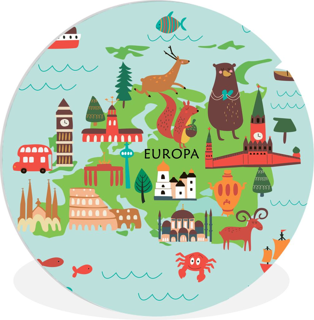MuchoWow Rundes Wandbild - Runde Bilder Weltkarte Kinder - Grün - Europa Ø 90 cm Kreis Wanddekoration Kunststoff - Wandkreis - Wandschmuck - Wa...