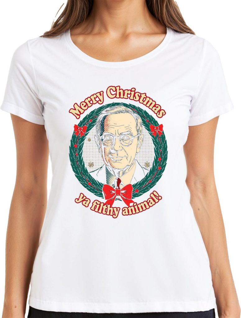 Merry Christmas ya filthy animal! Weihnachtskranz Retro Filmzitat Damen T-Shirt, Weiß, L