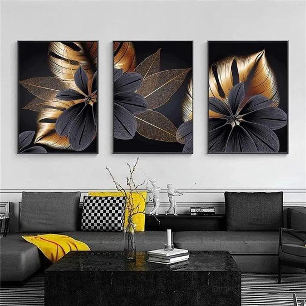 Décoration murale salon lot de 3 posters toile plantes noir et doré