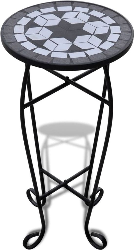 A black metal plant stand with a mosaic tabletop.