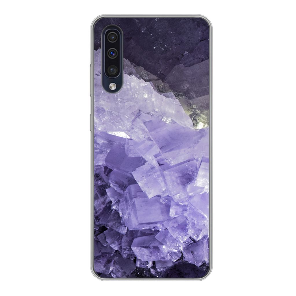 MuchoWow Handyhülle Schutzhülle Hülle für Samsung Galaxy A50 Naturstein - Lila - Kristalle Silikon Softcase Handy Hülle - Mobiltelefonhülle