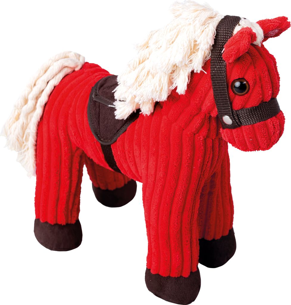 A red plush toy horse with white mane and tail, and a brown saddle.