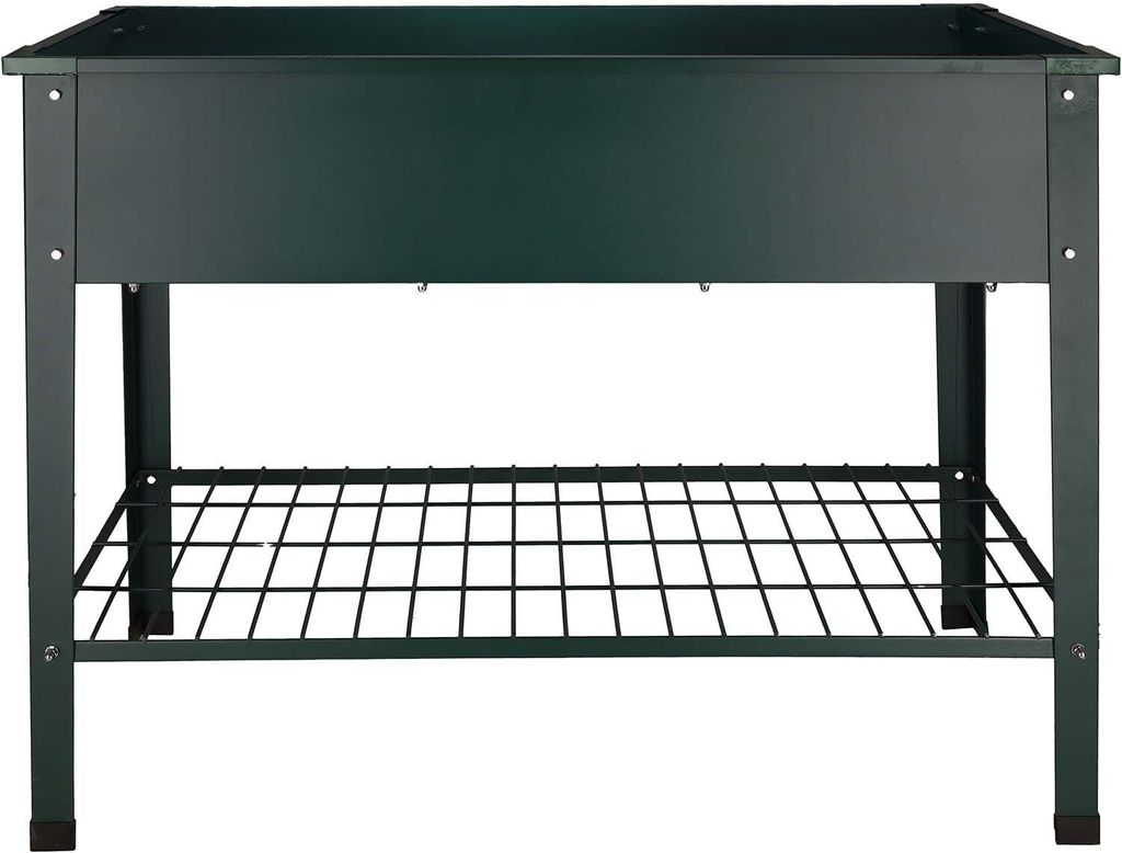 A dark green metal raised garden bed with a storage shelf underneath, shown against a white background.