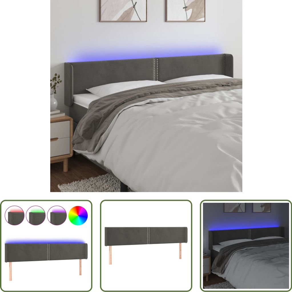 The Living Store LED Kopfteil Dunkelgrau 183x16x78/88 cm Samt
