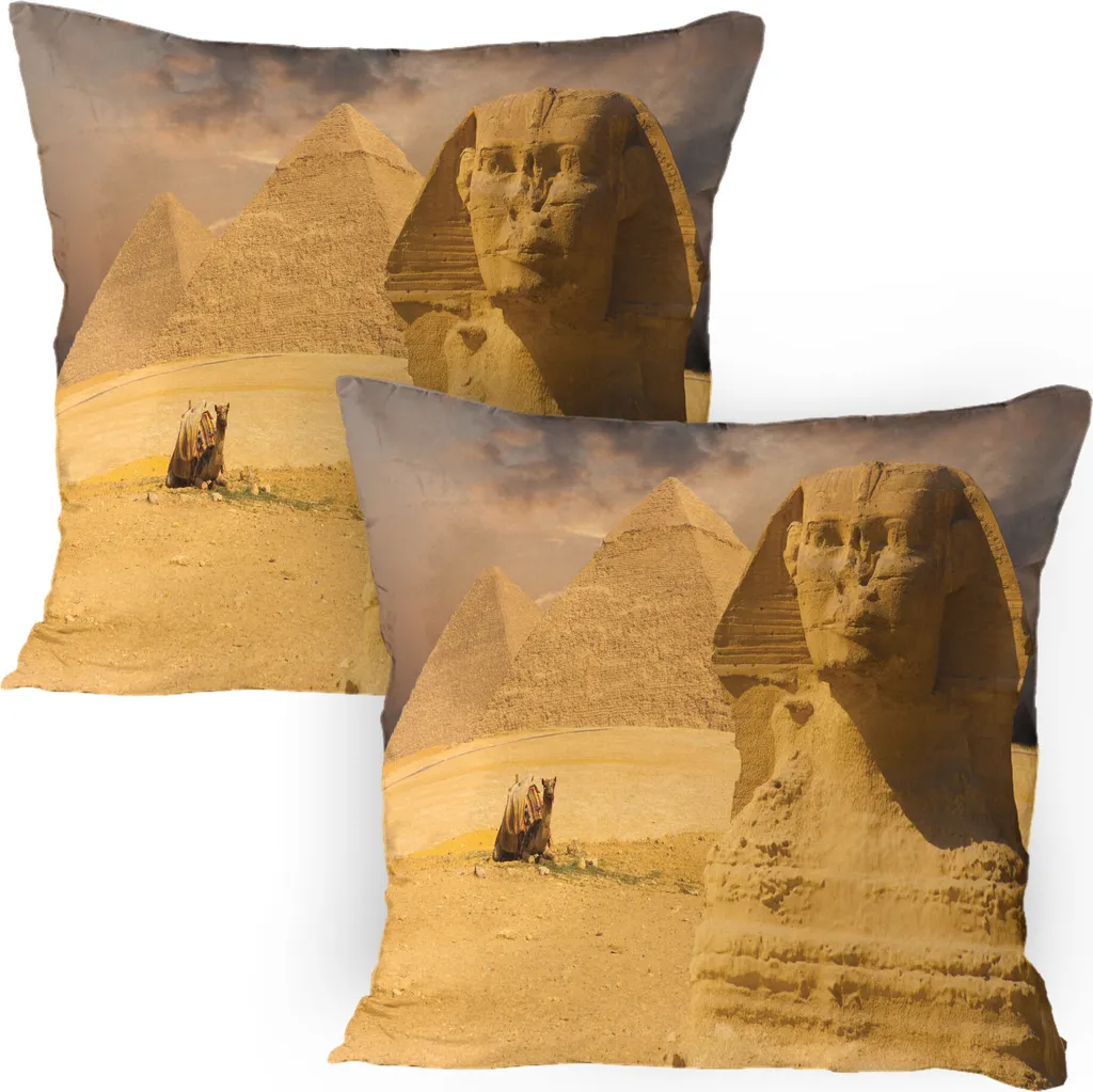 ABAKUHAUS Federa egiziana Confezione da 2, Grande volto della Sfinge Altre piramidi Nell'antico monumento egizio, Federa decorativa stampata, 80x80 cm, Marrone sabbia ambra - 1